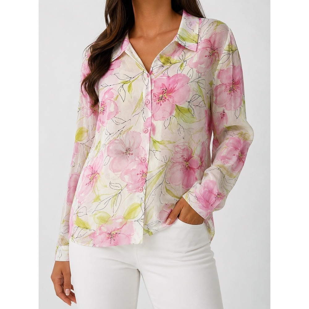Blair Womens Pink Floral Sheer Button Down Blouse Long Sleeve XLG 54282